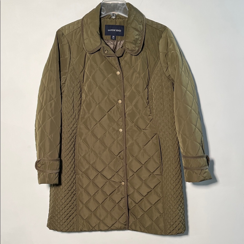 LANDS' END Olive Quilted Snap Front 2 Pckt Fall Chore Office Cabin Car Coat 16P